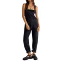 Salopette en denim noir lavé pour femme, combinaison ample décontractée avec poche bavette. - S / Noir