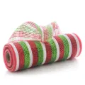Rouleau de ruban filet déco Noël rouge vert blanc rayé pour emballage de couronne d'arbre - 26x10 Yards Métallique / Rouge Vert Blanc