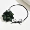 Dark green fabric flower choker necklace with black long strap tie bow fashion accessory - Dark Green (YR3888-2)