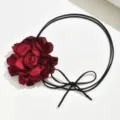 Exquisite dark red fabric rose flower with black cord bow choker necklace detail view - Wine Red (YR3888-3)