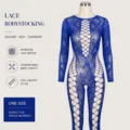 Bodystocking en dentelle bleue sexy avec des manches longues et un design dos nu. - Bleu Saphir