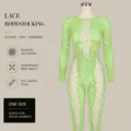 Bodysuit en dentelle vert néon avec motif en maille complexe, manches longues et coupe ajustée. - Vert Fruit