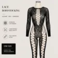 Bodysuit en résille sexy en dentelle à manches longues et motif creux grande taille. - Taille unique / Ensemble / Emballage Simple / Noir