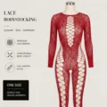 Body en dentelle rouge manches longues grande taille résille sexy moulant clubwear pour les femmes. - Taille unique / Ensemble / Emballage Simple / Rouge