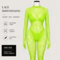 Neon green lace bodystocking fabric detail, showing breathable texture and stretch fit. - Set / Plus Size Deluxe Box Pack / Fruit Green
