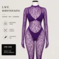 Close-up detail of the purple lace bodystocking featuring long sleeves and sheer design. - Set / Plus Size Deluxe Box Pack / Purple