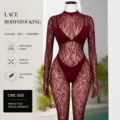 Sexy burgundy lace bodystocking for women, breathable long sleeve sheer lingerie one size. - Set / Plus Size Simple Pack / Rose Red