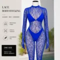Blue lace sheer bodystocking with long sleeves and leopard pattern for women sexy nightwear. - Set / Plus Size Simple Pack / Sapphire Blue