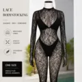 Sexy black lace long sleeve sheer bodysstocking plus size lingerie for women seductive clubwear - Set / Plus Size Deluxe Box Pack / Black