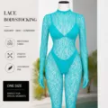 Turquoise lace bodystocking with long sleeves, high neck and sheer design for women. - Set / Plus Size Simple Pack / Aqua Blue