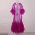 Purple sheer mesh tiered long dress for women, vintage ruffled overlay vacation maxi dress. - One Size / Dresses / Rose Red