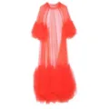 Red sheer tulle dress with layered ruffles, elegant long sleeve vacation style outfit woman - One Size / Dresses / Watermelon red