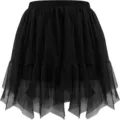 Detail shot of the black layered mesh skirt showing the unique irregular hem design. - S / Bottoms / Black