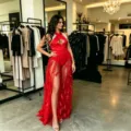 Sexy red mesh feather maxi dress for women, sheer long party dress evening gown detail. - S / Bottoms / Red