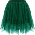 Dark green mesh tiered mini skirt, irregular ruffled layers, stylish summer casual streetwear. - Green