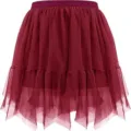 Detailed view of the burgundy tulle mesh skirt with irregular layered hem and elastic waistband. - Burgundy