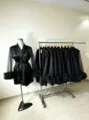 Black satin bridal bridesmaid robe featuring sheer tulle long sleeves and chic ruffle cuffs. - US4 / Robe / Black
