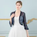 Dark blue lace cropped bolero cardigan for women, summer short sleeve sheer open front shrug. - One Size / Tops / Navy Blue