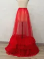 Detail view of the red sheer mesh tiered skirt, showcasing transparent layered ruffles and design. - One Size / Bottoms / Red