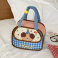 Cute cartoon puppy lunch bag bento tote for students and office workers with portable handle. - Pink and Blue Checkered (Lovely)