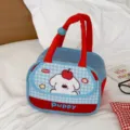 Cute cartoon puppy insulated lunch bag with blue plaid design, portable bento box handbag for work. - Red and Blue Checkered (Puppy)