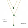 Double layer teardrop zirconia necklace in stainless steel with green pear cut stones. - Double Layer Water Drop Green Rhinestone Necklace / Gold