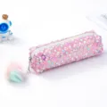 Astuccio in paillettes rosa con pon pon colorato, simpata borsa per cosmetici da scuola. - Rosa