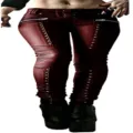 Women faux leather biker pants skinny studded zipper dark red slim fit trousers stylish new - Red