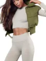 Detail view of women's cropped puffer vest with stand collar, paired with ribbed crop top. - S / Tops / Army Green