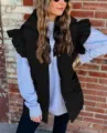 Women winter black puffer vest casual sleeveless stand collar ruffled outerwear stylish - S / Tops / Black
