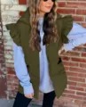 Detailed view of the sleeveless puffer vest featuring stylish ruffled shoulders and pockets. - S / Tops / Army Green
