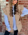 Women casual sleeveless puffer vest with ruffles, stand collar and pockets for autumn winter. - Khaki