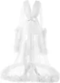 White tulle long robe with feather cuffs and satin belt, elegant bridal dressing gown. - S / Robe / Pure White