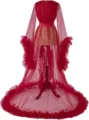Red sheer tulle long robe with dramatic ruffled sleeves and elegant train for bridal wear. - S / Robe / Burgundy