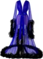 Blue sheer tulle boudoir robe with black feather trim and satin waist tie for bridal photography. - S / Robe / Blue with Black Trim