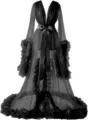 Black sheer mesh long robe detail, elegant tulle bridal boudoir gown with ruffled sleeves. - S / Robe / Black