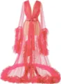 Detailed view of the elegant pink sheer tulle long robe, featuring deep V-neck and ruffles. - S / Robe / Red