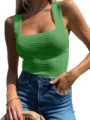 Women solid color square neck ribbed knit tank top sleeveless slim fit casual summer cami - Green