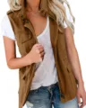 Women brown utility cargo vest sleeveless zip up fashion casual jacket with multiple pockets - S / Tops / Brown