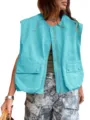 Donna gilet senza maniche con zip casual tinta unita tasca frontale capospalla top - Blu lago