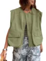Womens sleeveless cargo vest casual zip up outerwear solid color fashion streetwear top - S / Tops / Army Green