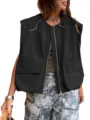 Women's sleeveless cargo vest zipper closure casual outerwear solid color fashion streetwear. - S / Tops / Black