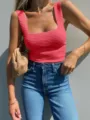 Women's pink ribbed square neck slim fit sleeveless tank top summer casual basic knit top - S / Tops / Pink