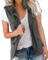 Women casual solid color utility workwear vest sleeveless zip up cargo jacket with pockets. - S / Tops / Gray