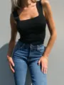 Women black square neck ribbed knit tank top casual slim sleeveless sexy streetwear tops - S / Tops / Black