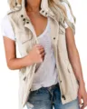 Women Casual Khaki Utility Vest Sleeveless Zip Up Cargo Jacket With Multi Pockets - Beige