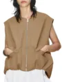 Donna gilet smanicato con zip casual largo capospalla tinta unita tasca cardigan top - Marrone