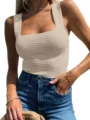Solid square neck ribbed tank top casual summer slim fit sleeveless knitwear for women - Apricot