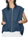 Donna gilet senza maniche con zip casual largo capospalla tinta unita tasca top mod - Blu scuro