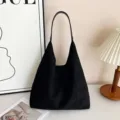 Black suede hobo shoulder bag for women, large capacity casual tote bag, vintage bag. - Black